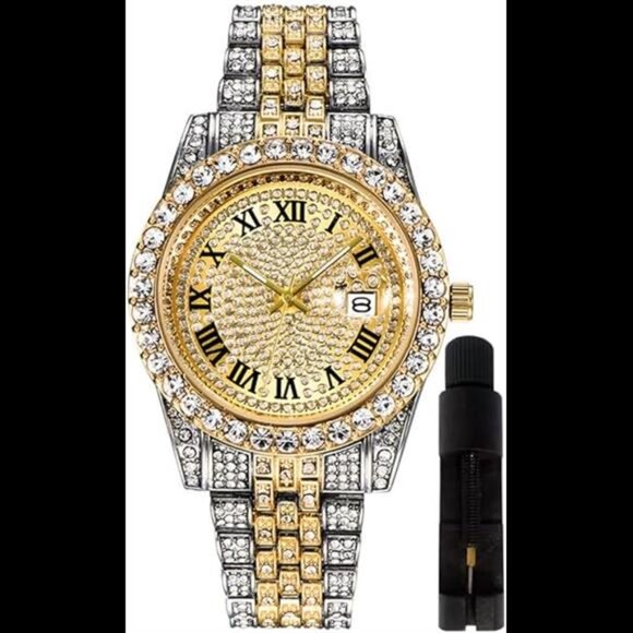 Hip Hop Watches for Men Iced-Out Bling Diamond Luxury Quartz Watches with Date - Picture 7 of 7
